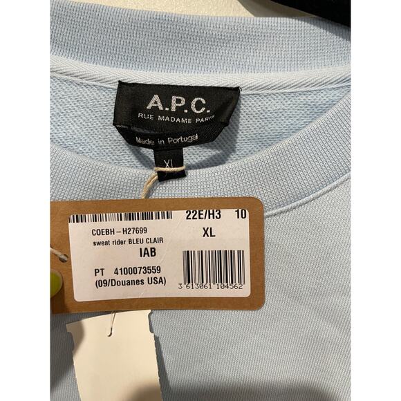 NWT A.P.C Long Sleeve Crew Neck Pullover Rider Sweatshirt Bleu Clair Men Size XL - Picture 3 of 5